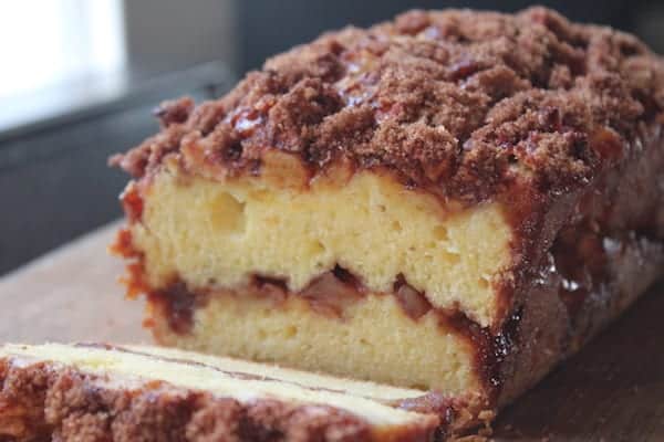 Photo shows a loaf of apple streusel bread