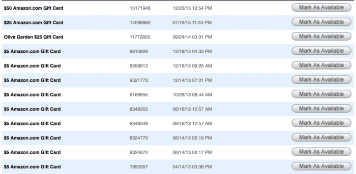Image shows a screenshot of SwagBucks gift cards earned.