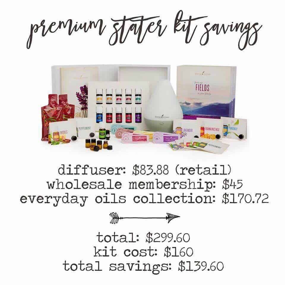 Image shows a display of an essential oil starter kit with text "Premium Starter Kit Savings" displayed above the oils, diffuser and other accessories.