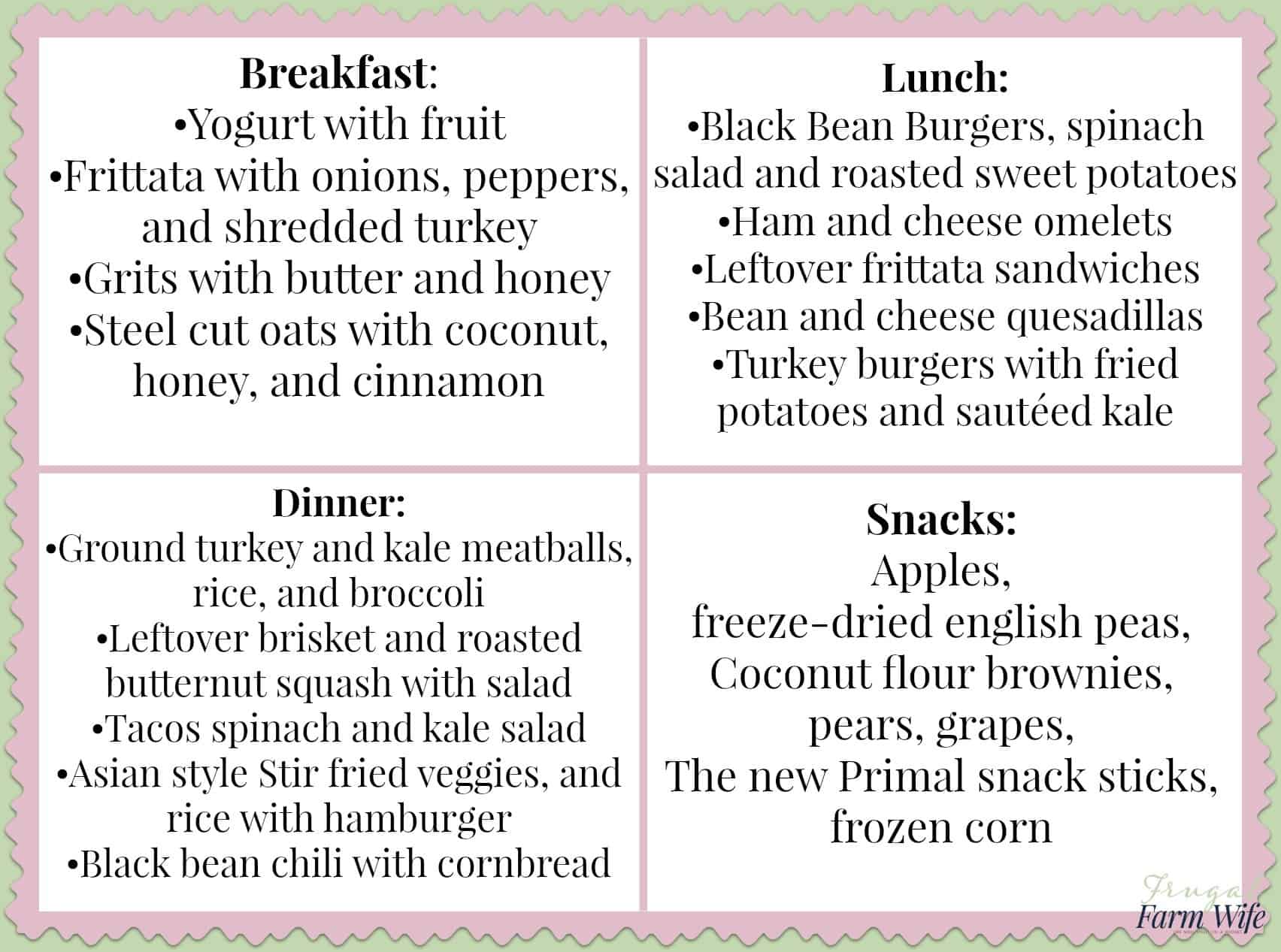 Images shows a printable text list of meals for breakfast, lunch, dinner and snacks for a week. 