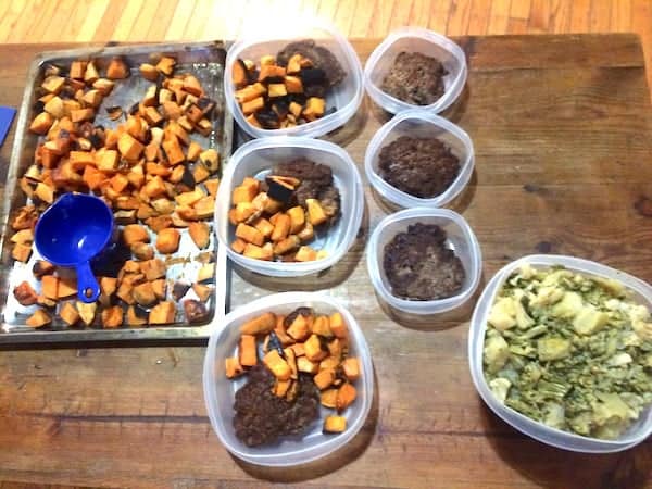 Image shows a table with ingredients for meal prepping