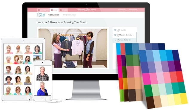 Image shows a computer monitor  with "Dressing Your Truth" and some color samples leaning against it