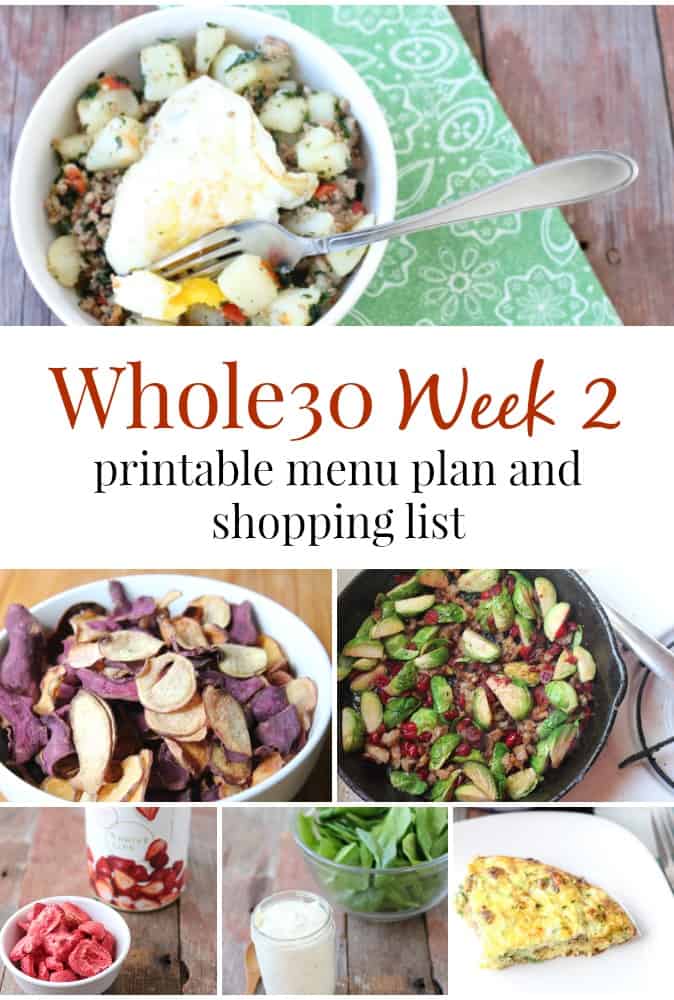 Image shows a collage of meals for week 2 of the Whole30, including a breakfast bowl, homemade potato chips, and sauted Brussels sprouts.