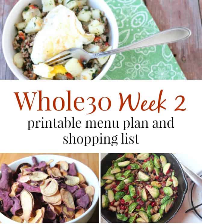 Image shows a collage of meals with text that reads "Whole 30 Week 2"
