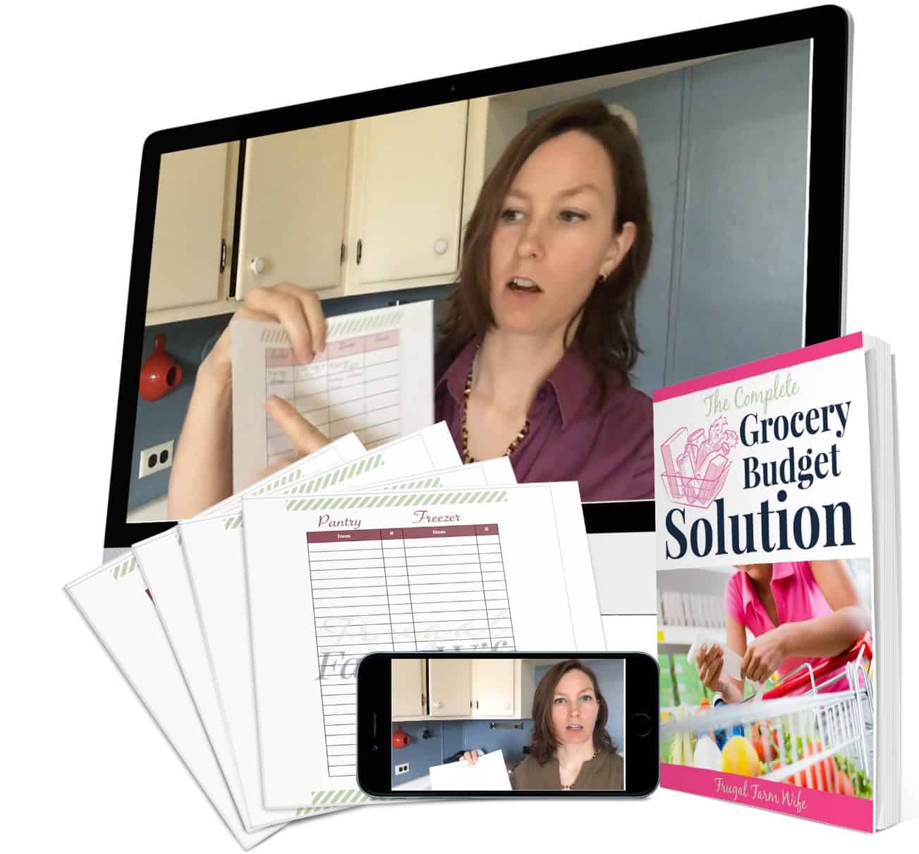 Image shows a tablet displaying Elise's course, "Grocery Budget Solution", along with a book and printables to budget better.
