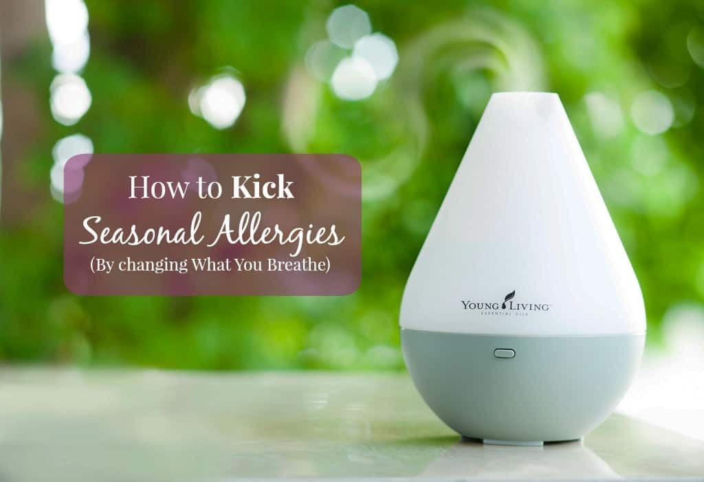 Image shows an essential oil diffuser on a table with text that reads "How to Kick Seasonal Allergies"