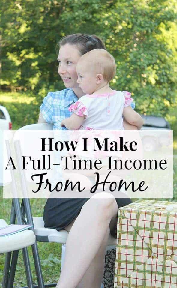 Image shows a photo of a woman sitting outdoors while holding a baby with text that reads "How I make a full-time income from home"