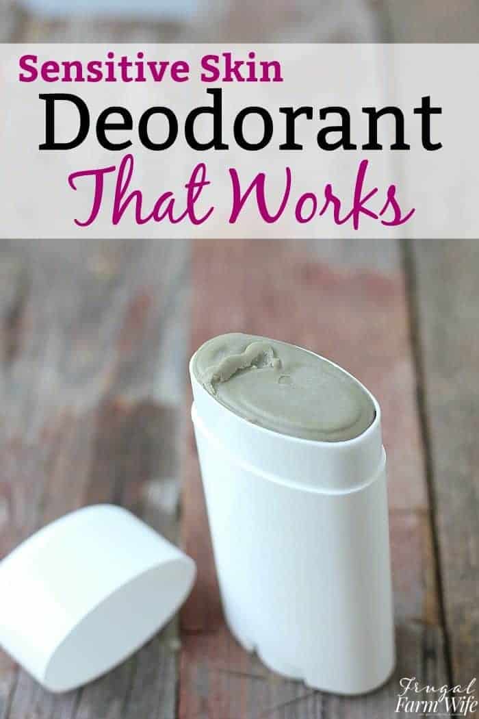 Image shows a stick of deodorant on a wooden table, with text that reads "Sensitive Skin Deodorant That Works"