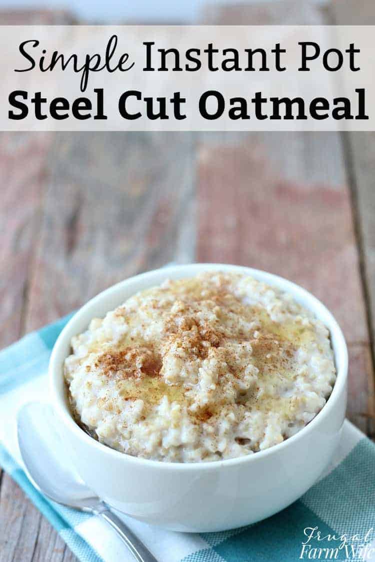 Image shows a white bowl on a checkered napkin full of steel-cut oatmeal. The oatmeal is sprinkled with cinnamon. Text above reads "Simple Instant Pot Steel Cut Oatmeal"