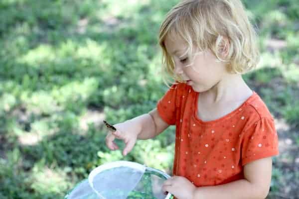 Image shows a small child in a red shirt playing with a caterpillar in some grass