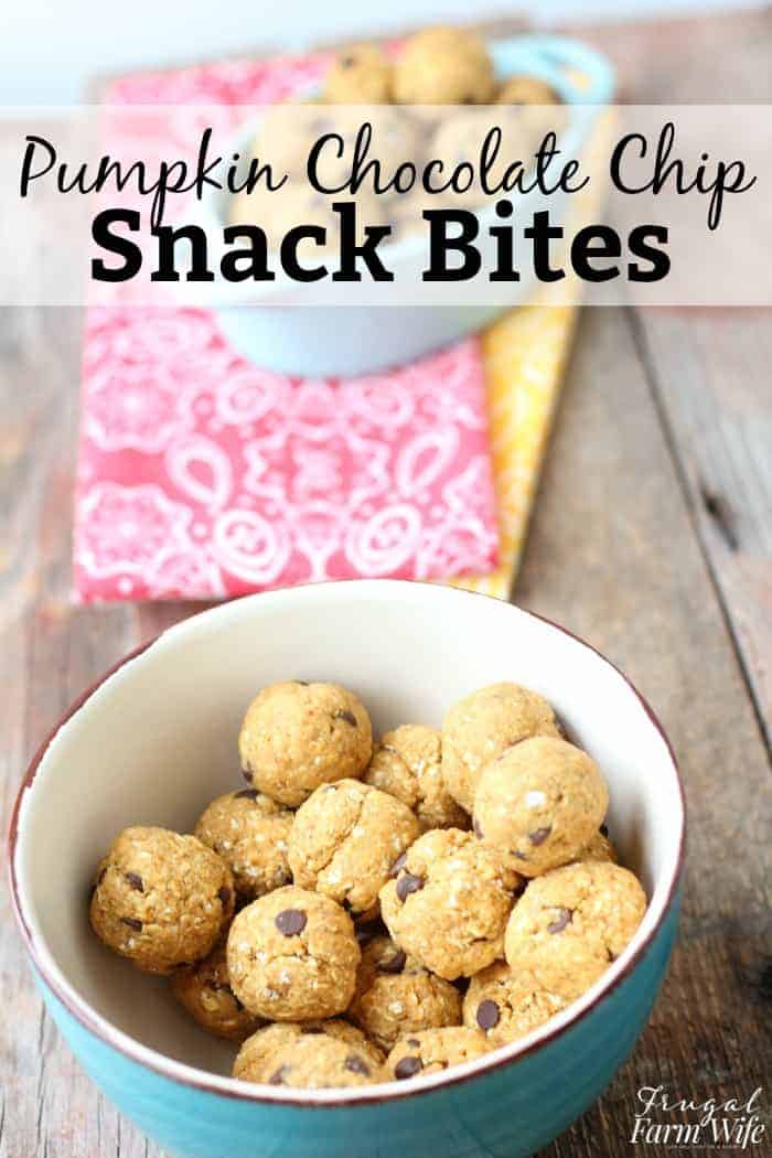 Image shows a small turquoise bowl with a white inside with no-bake pumpkin chocolate chip bites on a table. Text above reads "Pumpkin Chocolate Chip Snack Bites"