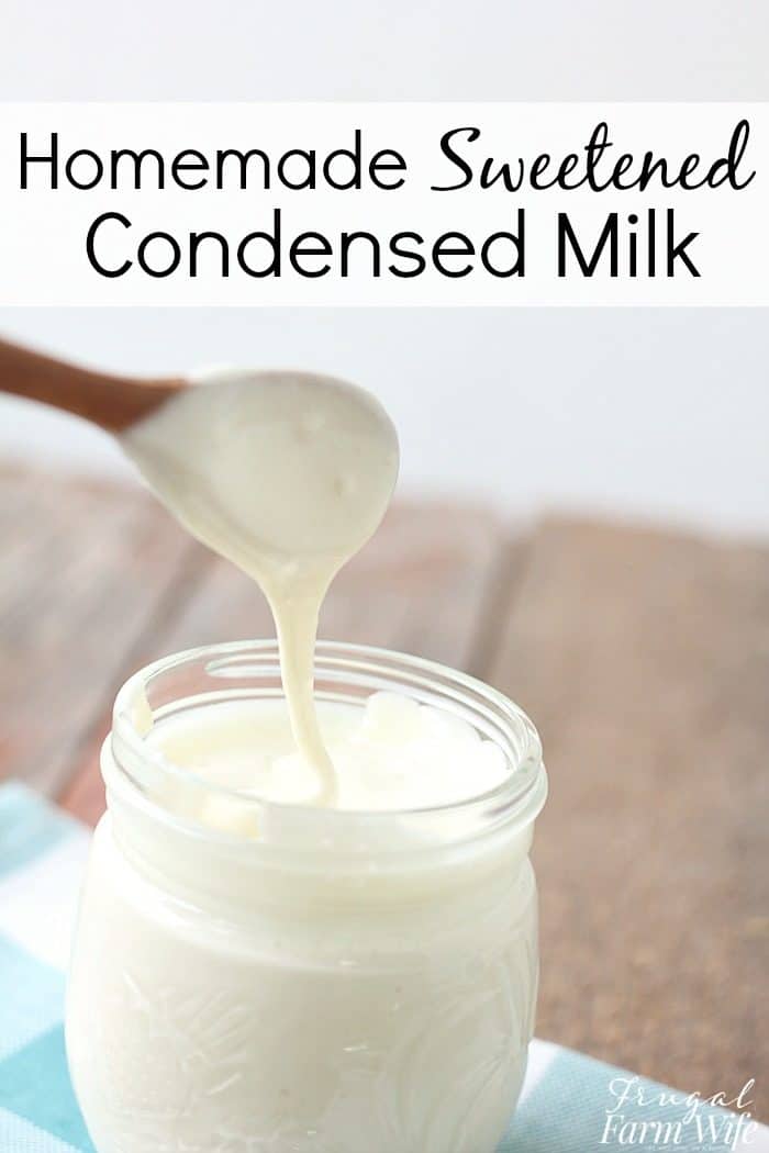 Photo shows a jar of sweetened condensed milk with a wooden spoon, and text that reads "homemade sweetened condensed milk"
