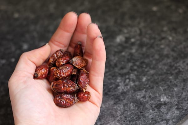 Image shows a hand holding rose hips for immune boosting tea