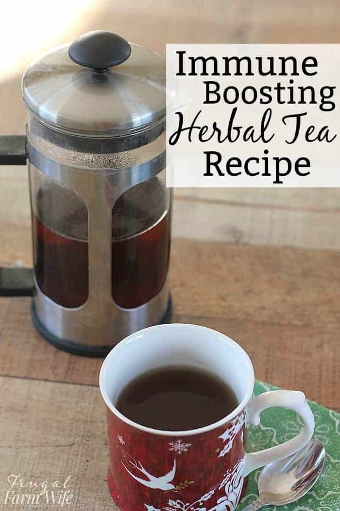 Photo shows a pot of tea on a table with the words "Immune Boosting Herbal Tea Recipe"