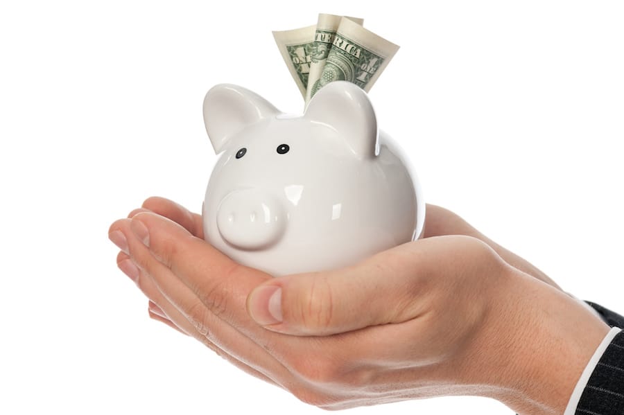 Image shows two hands cupped, holding a white ceramic piggy bank with a dollar sticking out.