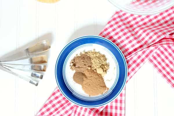 Image, taken from above, shows a red and white checkered tablecloth spread on a table. A white plate with blue trim sits in the middle with a mixture of spices on it. Measuring spoons sit next to the plate. 
