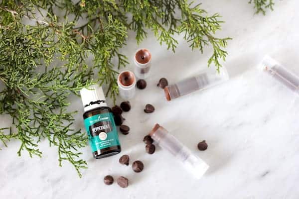 Image shows some tubes of lip balm on a table next to greenery, chocolate chips and peppermint oil