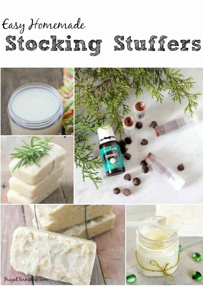 Image shows a collage of photos with craft ideas and text that reads "Easy Homemade Stocking Stuffers"