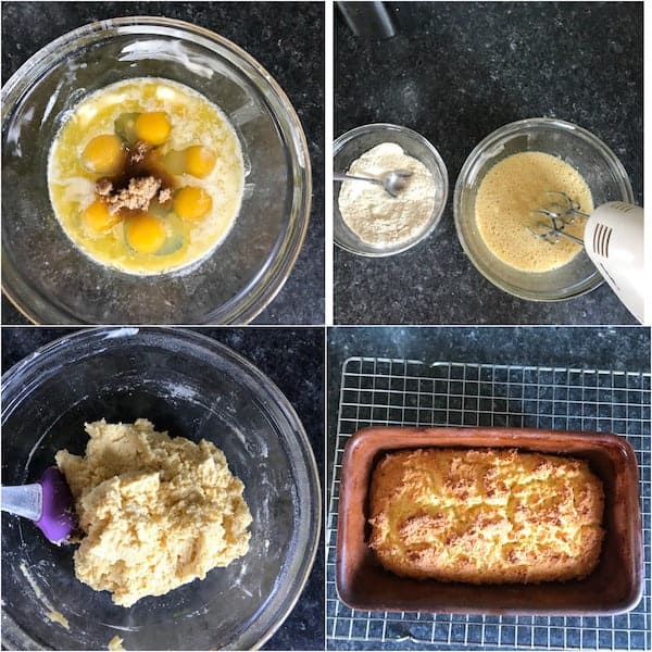 A series of photos illustrating the ingredients needed to make coconut flour bread