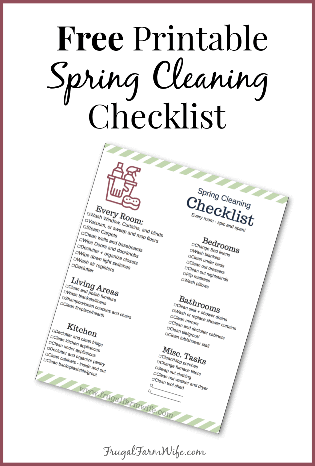 Image shows a printable spring checklist, with text that reads "Free Printable Spring Cleaning Checklist"