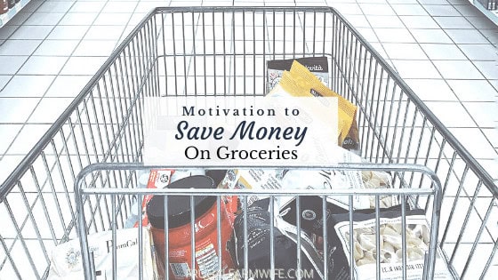 Image shows a shopping cart full of groceries in a grocery store aisle, with text that reads "motivation to save money on groceries"