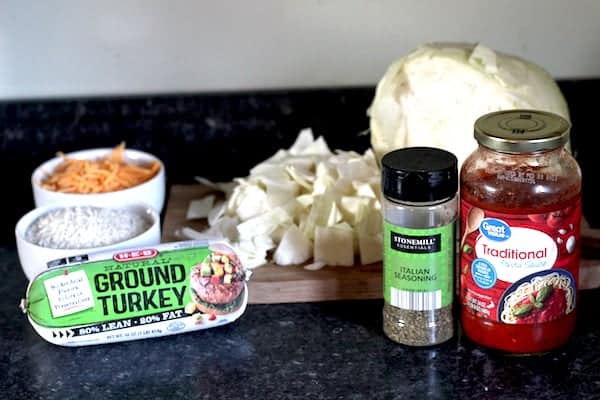 Photo shows ingredients needed for cabbage casserole