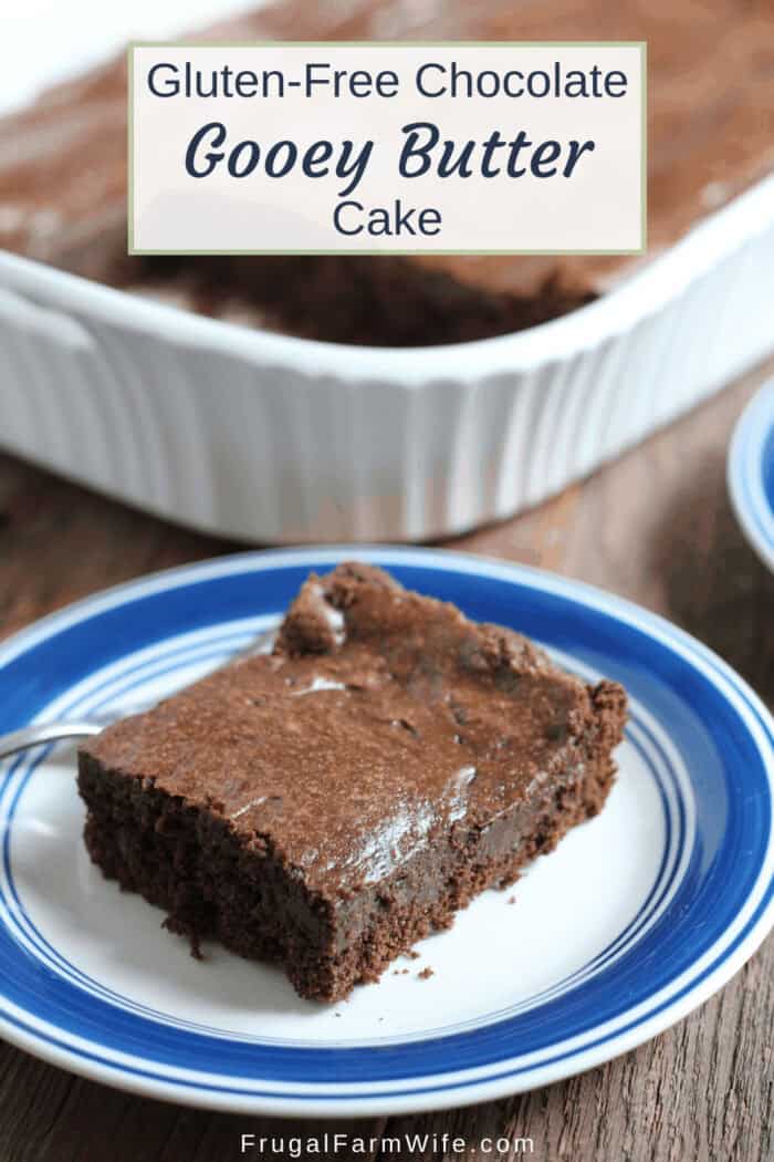 Image depicts a slice of chocolate cake on a plate with the text "Gluten-Free Chocolate Gooey Butter Cake"