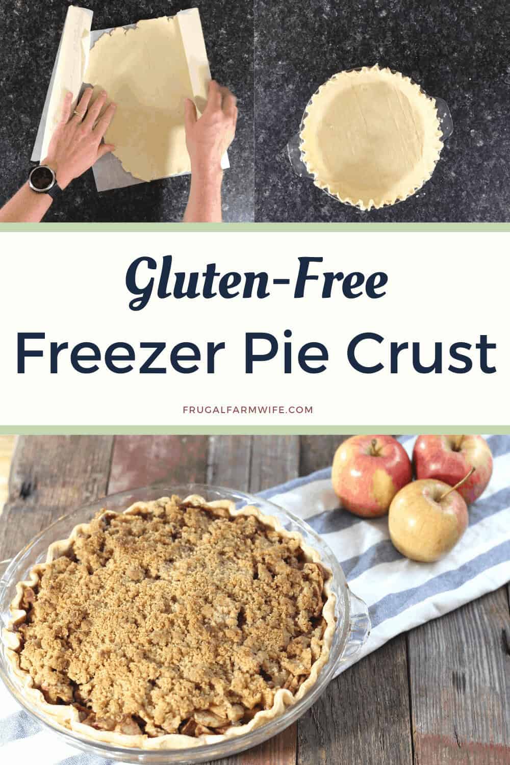 Image shows two photos of gluten free freezer pie crust. The top image shows hands rolling out the crust on a counter, with another crust in a pie tin nearby. The lower photo shows an apple pie sitting on a striped cloth. 