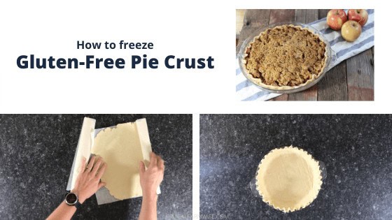 Image shows a collage of three photos of a freezer gluten-free pie crust. The first shows hands rolling out the crust, the second shows the crust in a pie dish, and the third shows a finished apple pie. 