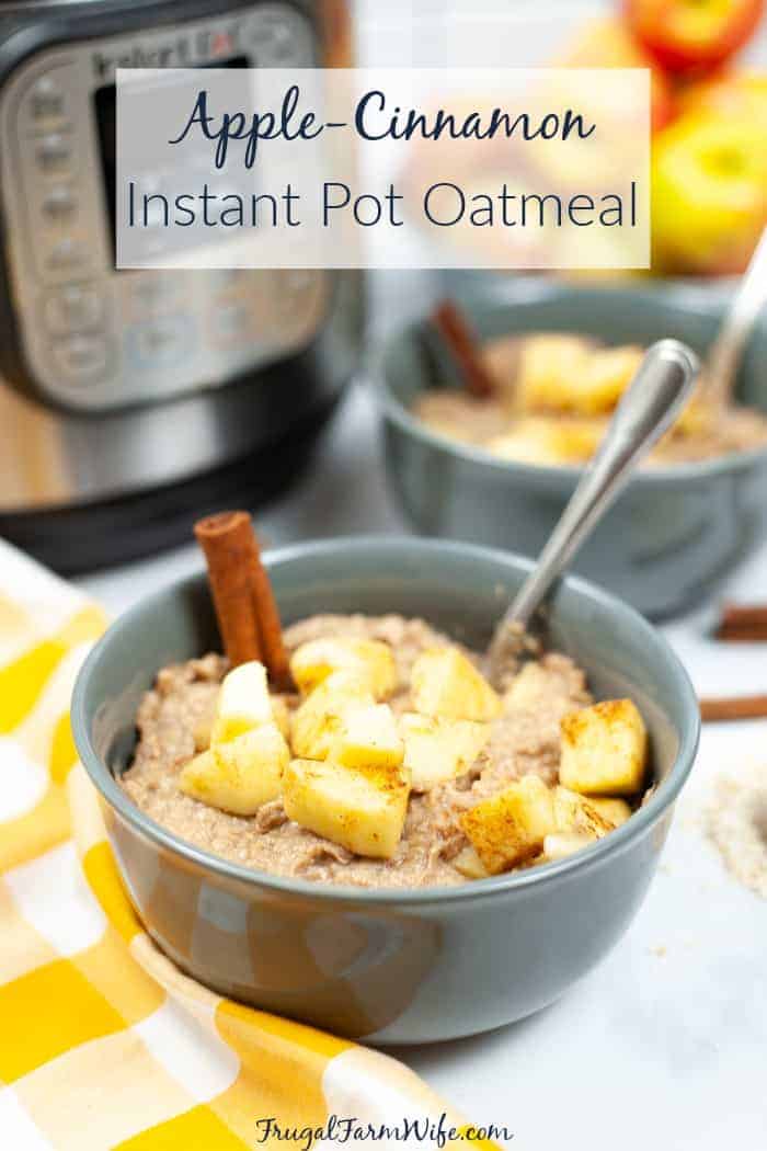 Photo shows a bowl of oatmeal with a spoon and text that reads "Apple-Cinnamon Instant Pot Oatmeal"