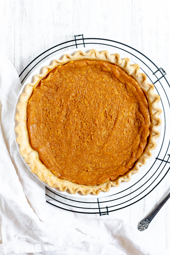 Photo shows a sweet potato pie photographed from above
