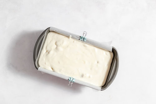 Photo, taken from above, shows the ice cream batter poured into a metal pan to be placed in the freezer.