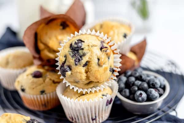 a stack of blueberry muffins made with gluten free flour