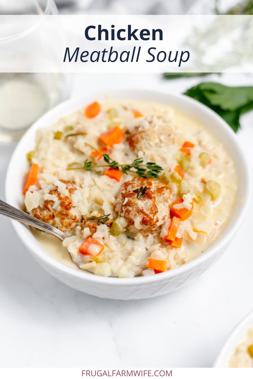 Image shows a bowl of chicken meatball soup with a spoon in it on a table. Text above reads "Chicken Meatball Soup."