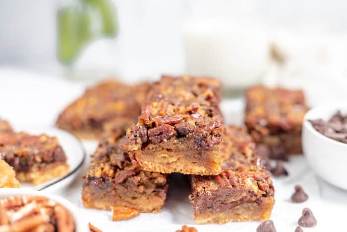 chocolate pecan pie bars on a table