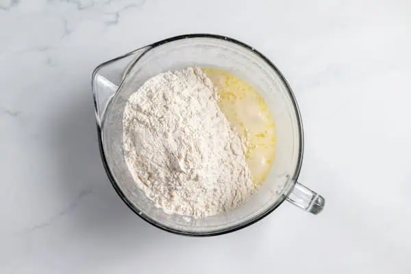 dry ingredients added to wet ingredients to make sourdough discard pancakes