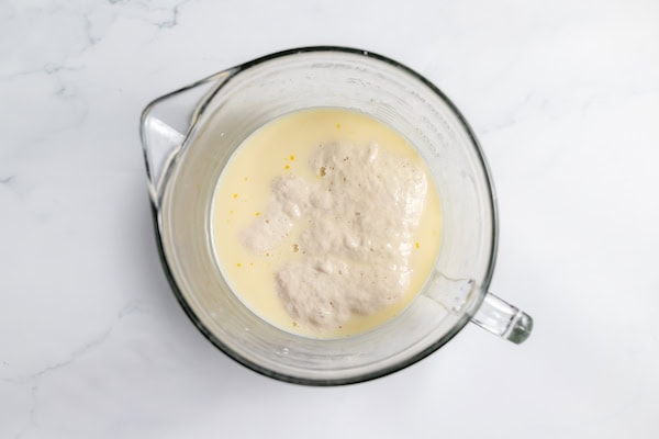 wet ingredients for pancakes with sourdough starter on top