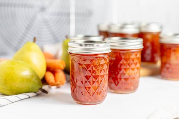 carrot cake jam spread on a piece of sourdough toast.