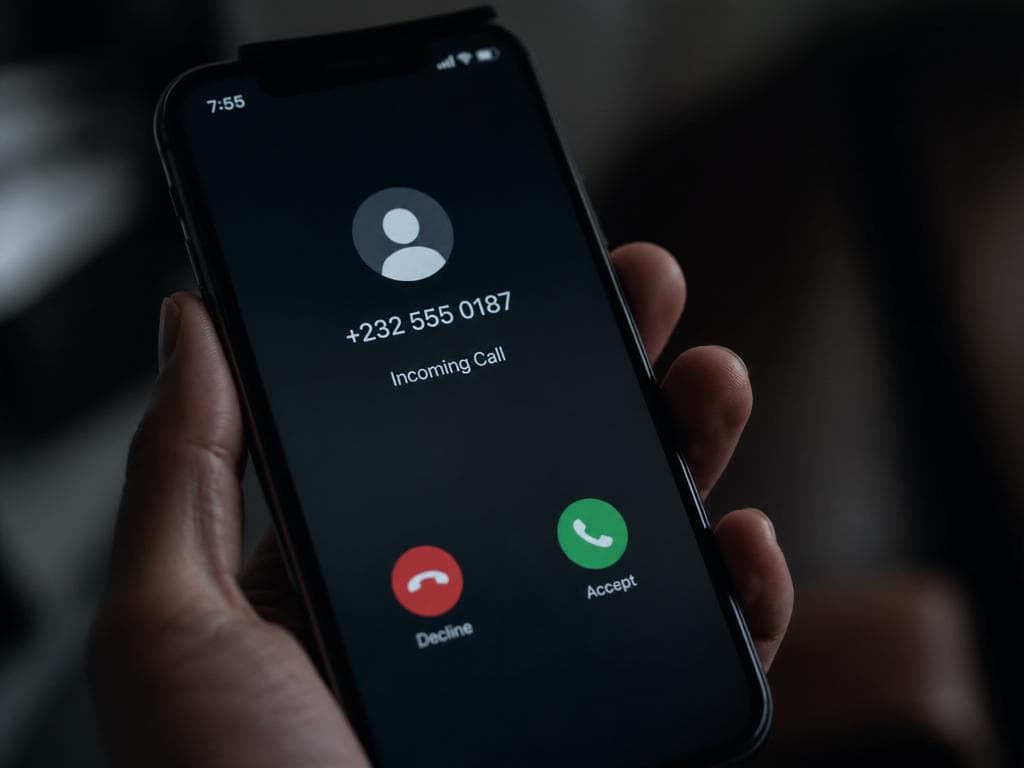 Écran de téléphone affichant un appel entrant suspect et méfiant