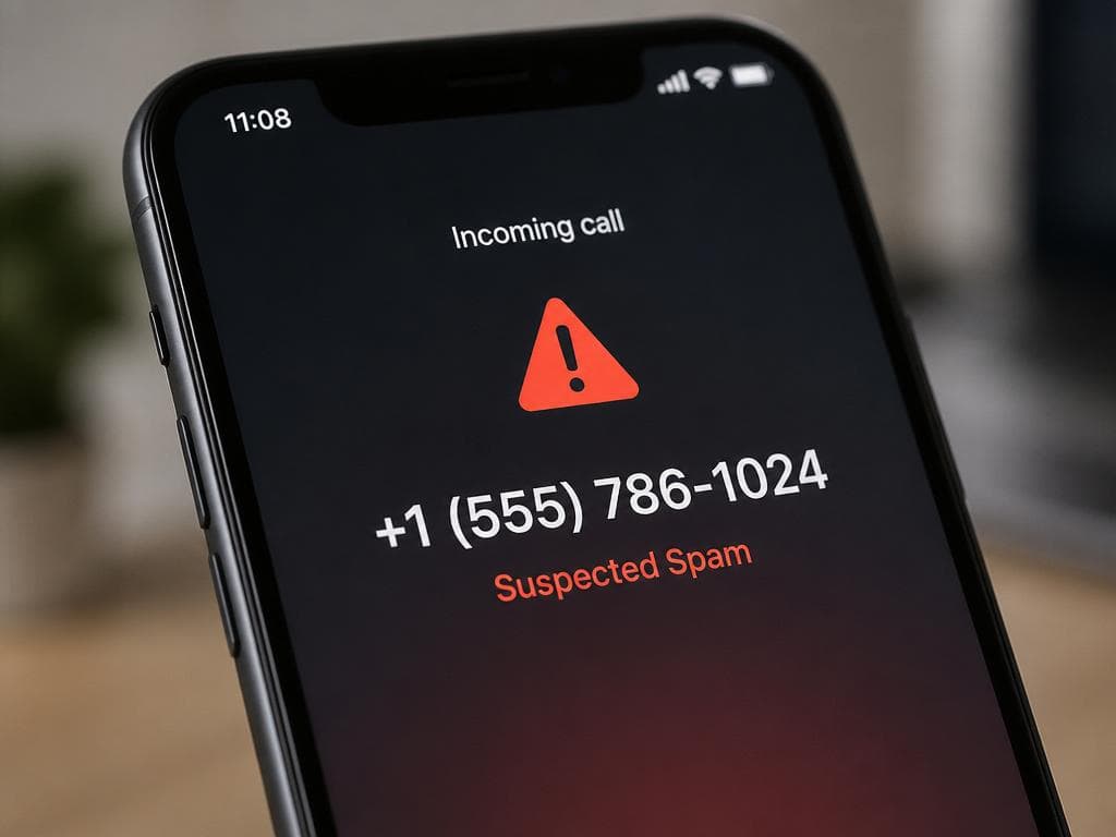 Téléphone affichant un numéro de téléphone suspect avec symbole d'alerte