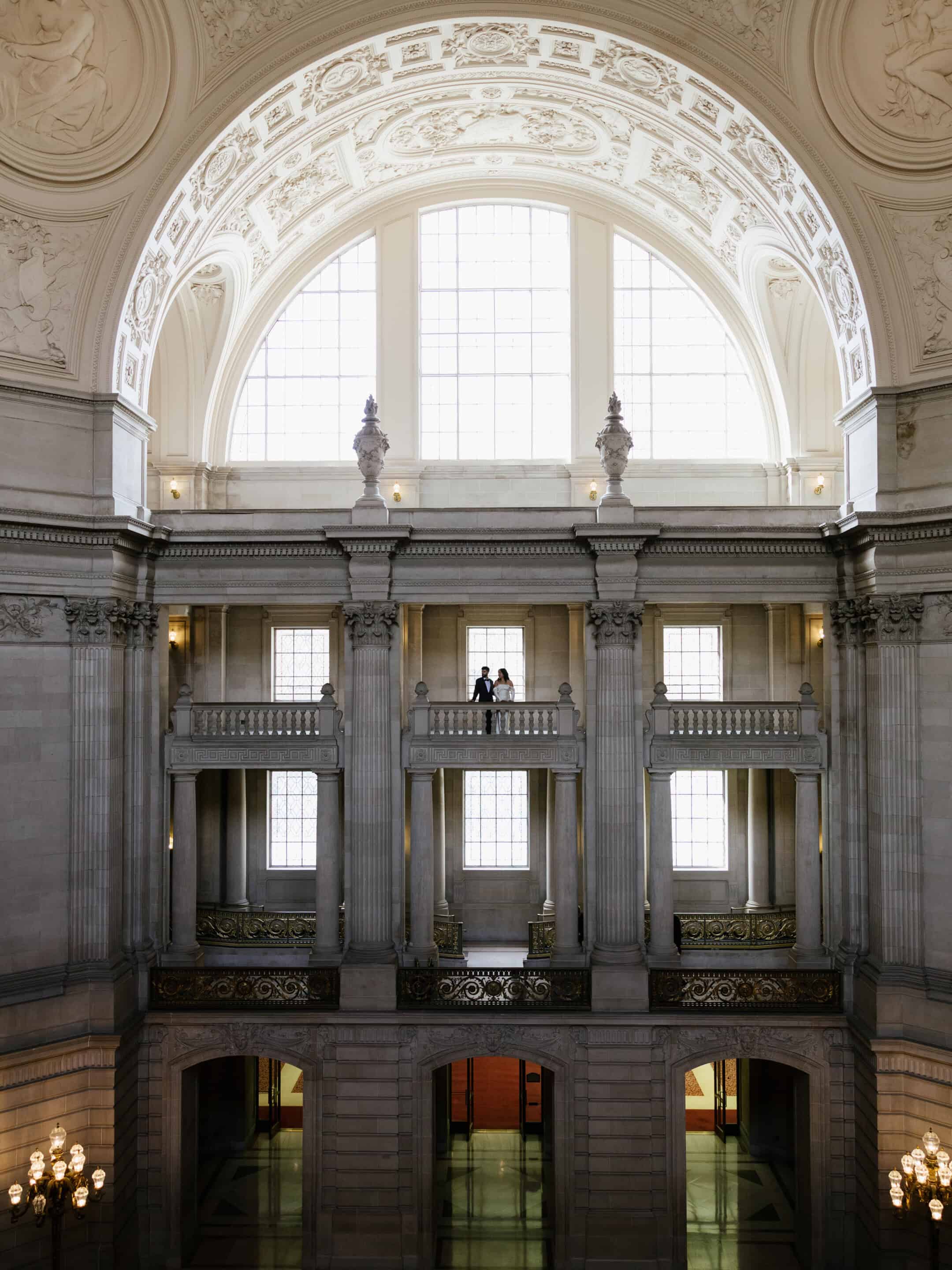 Elegant bride and groom portrait at San Francisco City Hall film photo