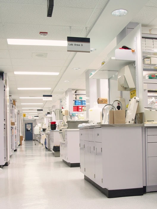 A view down the SGS Life Science’s new laboratory work areas includes rolling carts, eye wash stations, sinks, and high white cubicles with shelves full of science equipment, boxes, and storage space. The interior renovation was completed by Keeley Construction, Inc.