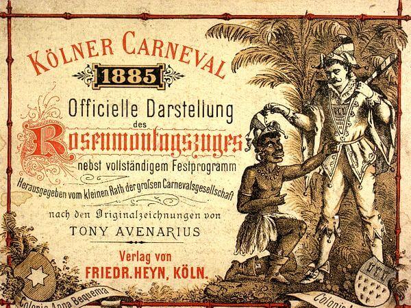 Historisches Plakat des Rosenmontagszugs 1885 mit Karnevalsszene.