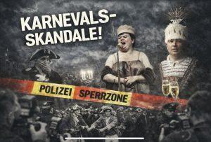 Skandal im Kölner Karneval mit Polizeiabsperrung und verkleideten Teilnehmern.