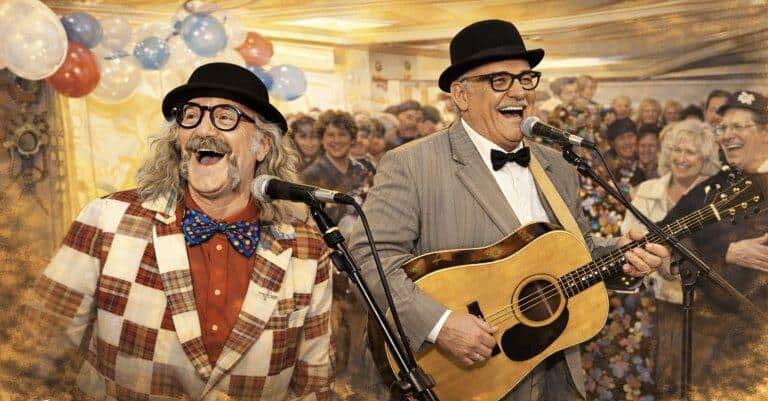 Zwei Männer beim Kölschen Humor mit Herz, singend und Gitarre spielend auf der Bühne.