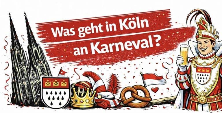 Feiernde Menschen in bunten Kostümen beim Kölner Karneval, mit Dom im Hintergrund.