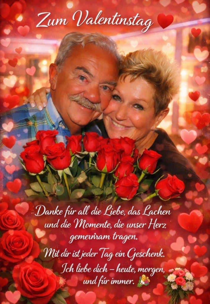 Liebespaar mit Rosen, romantische Stimmung, Herzdekoration.