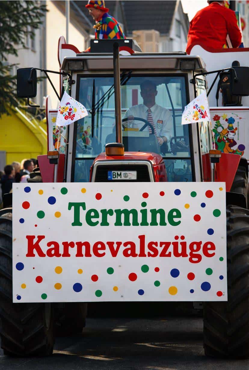 Traktor mit Karnevalsschild für die Karnevalszüge in Köln 2027.