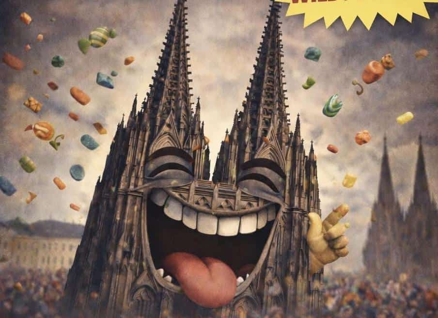 Karneval im Jahr 2030 mit lachendem Kölner Dom und bunten Konfetti.