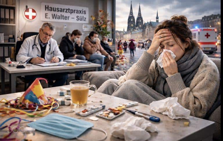 Frau mit Erkältungssymptomen bei Karnevals-Feier in Köln, Infektionsrisiko erhöht.